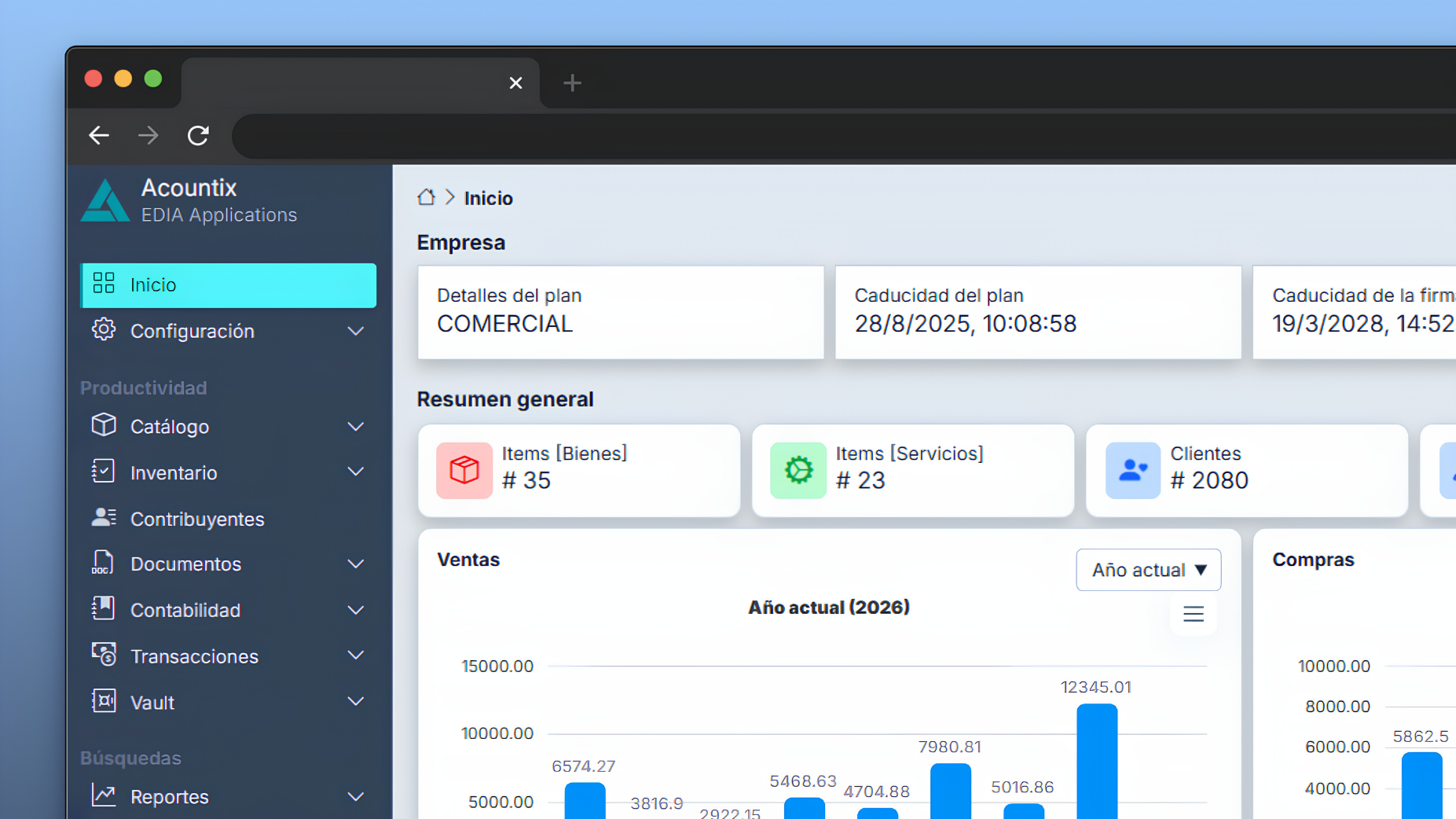 Dashboard de Acountix Core ERP